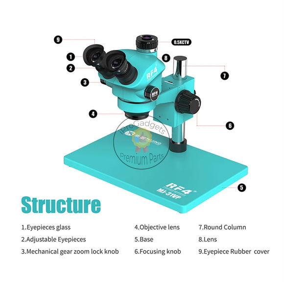 Mijing New Trinocular Microscope RF4 & MJ-31VP Metal Gear Continuous Zoom 7-50x Locking Knob Accurately Lock Magnification