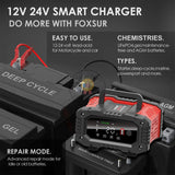 Foxsur FPT-200 12V / 24V 10A Smart Lead Acid Battery Reconditioning Charger for Car / Motorcycle