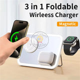 3 IN 1 Magnetic Wireless Charger LED Makeup Mirror Foldable Fast Charging Dock Station for iPhone 15 Apple Watch Airpods Holder