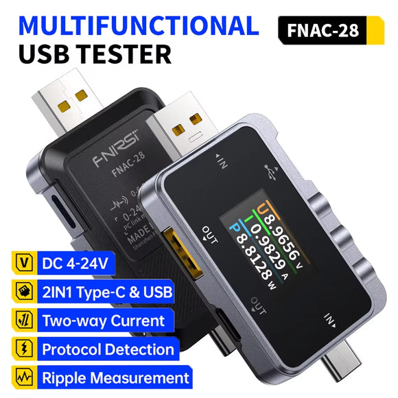 Fnirsi FNAC-28 2 IN 1 Portable Type-C USB Tester Digital Voltmeter Ammeter Amperimetor Voltage Current Meter for Charger Measure