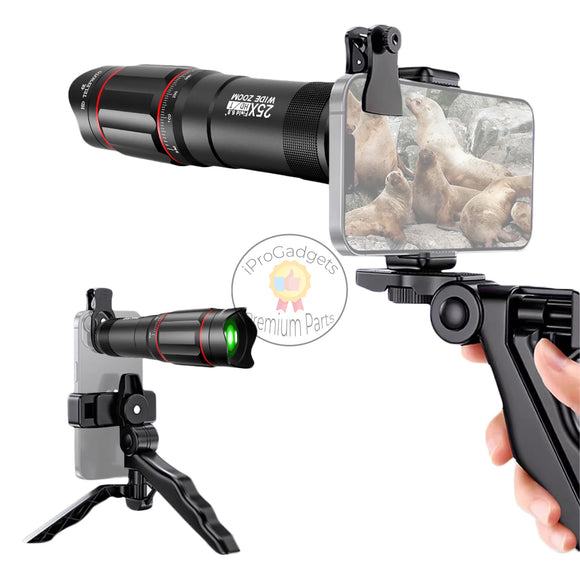 25X Phone Telephoto Lens Kit with Phone Clip Phone Holder Cleaning Cloth Mini Tripod Stand