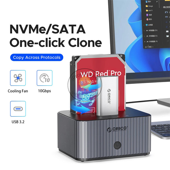 Orico 2Bay NVME & SATA Cross-protocol Offline Clone Type-C 10Gbps Hard Drive Docking Station for NVME M.2 2.5